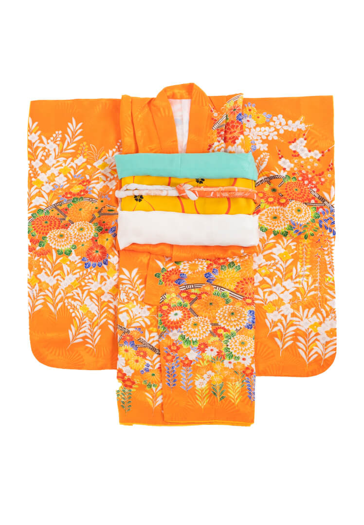 蜜柑色に四季花文様