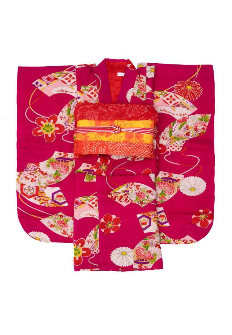 真紅に花扇面